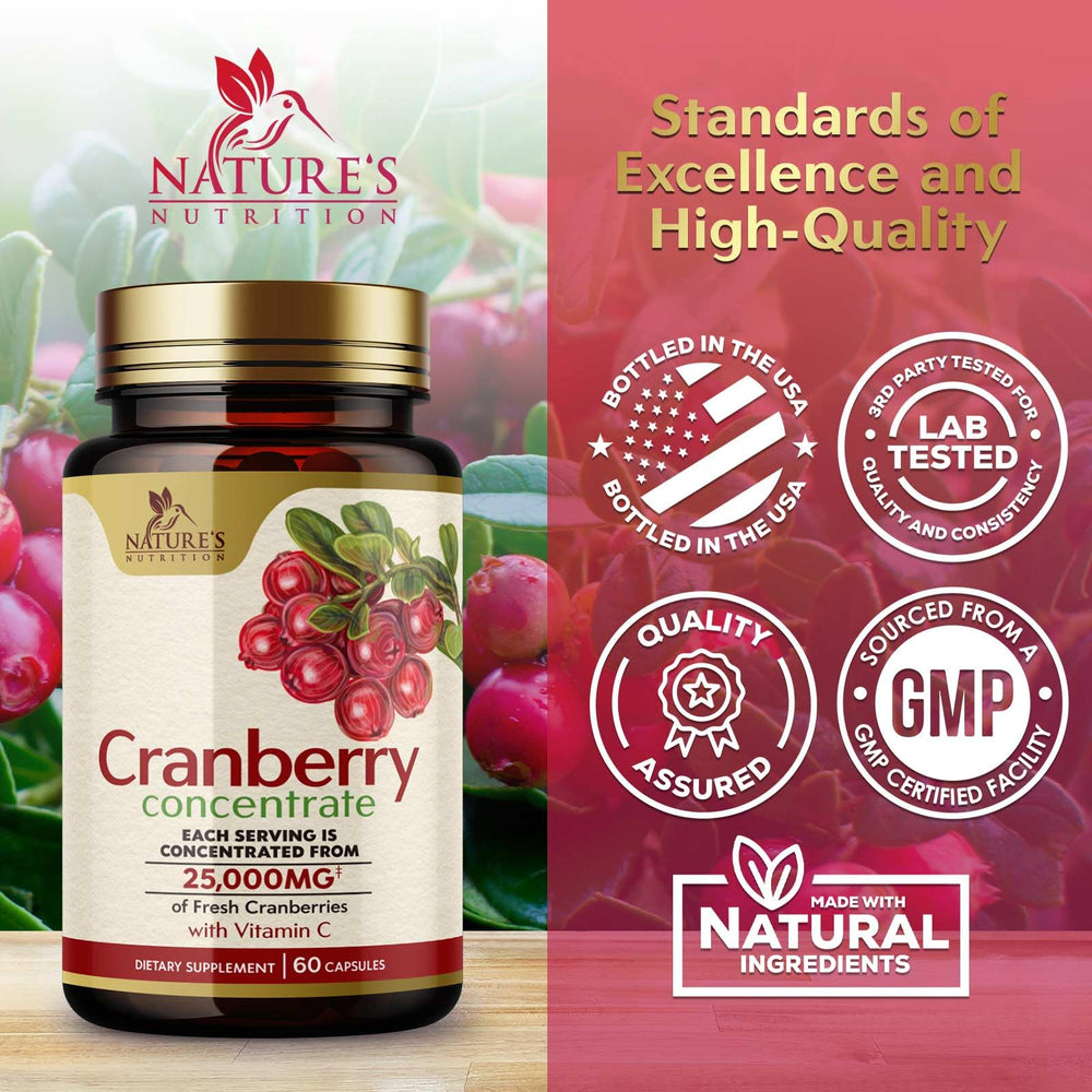 Nature's Nutrition cranberry powder visual hints at natural potency for daily use.