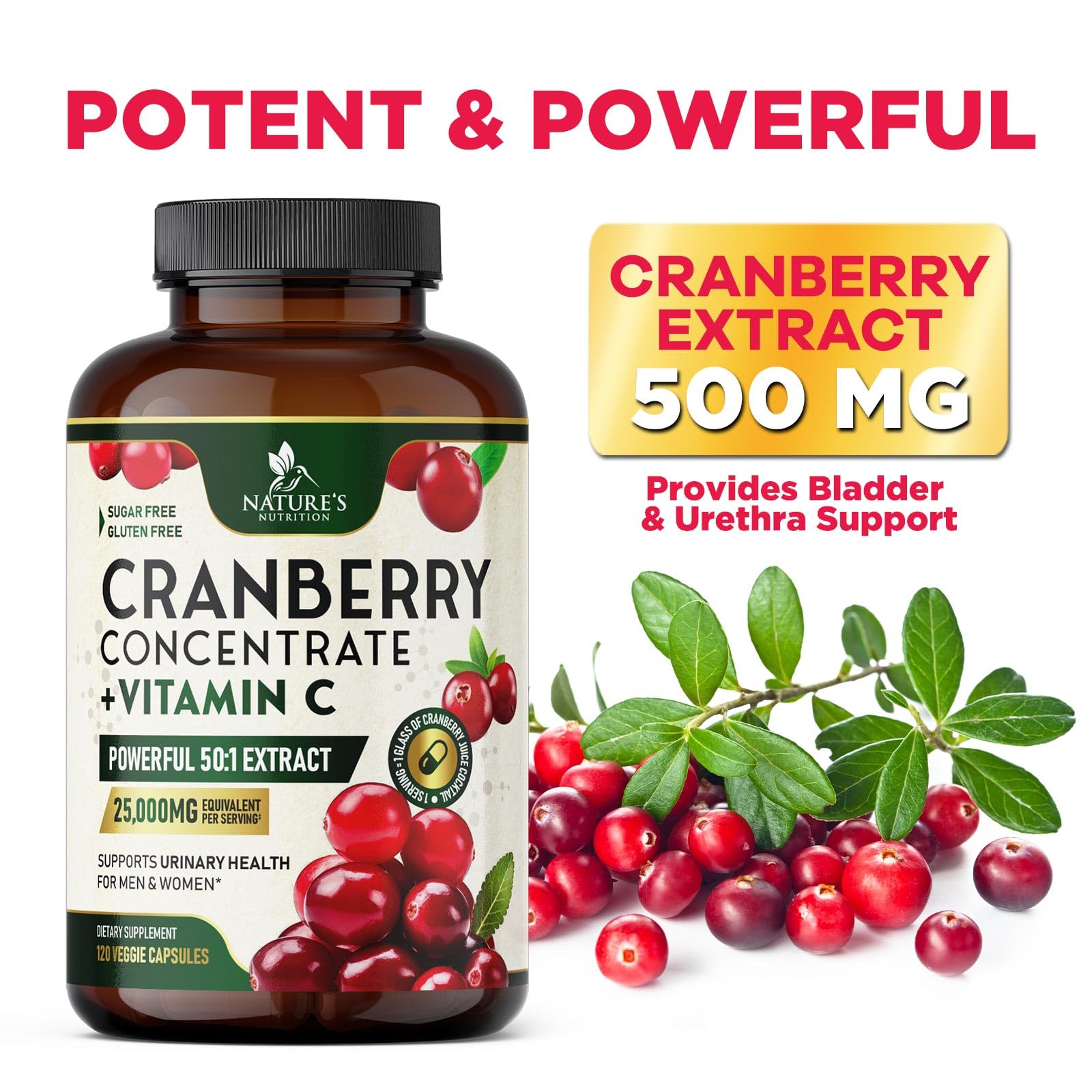 Sugar free and gluten free symbols indicate dietary compatibility for Nature's Nutrition cranberry pills