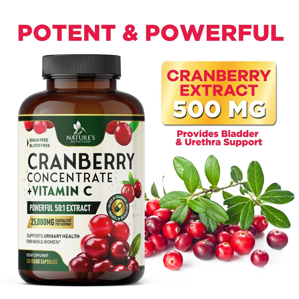 Sugar free and gluten free symbols indicate dietary compatibility for Nature's Nutrition cranberry pills
