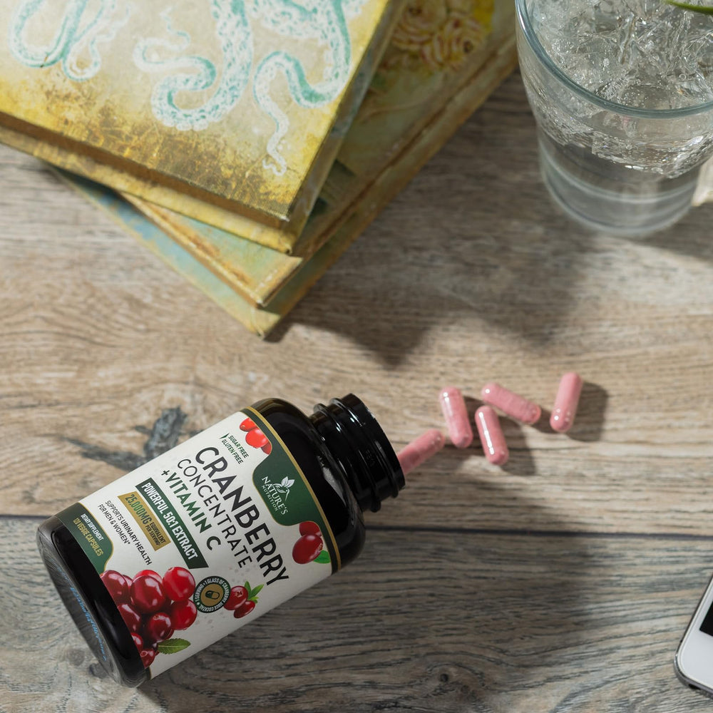 Travel-friendly Nature's Nutrition cranberry pills packaging shown for on-the-go use