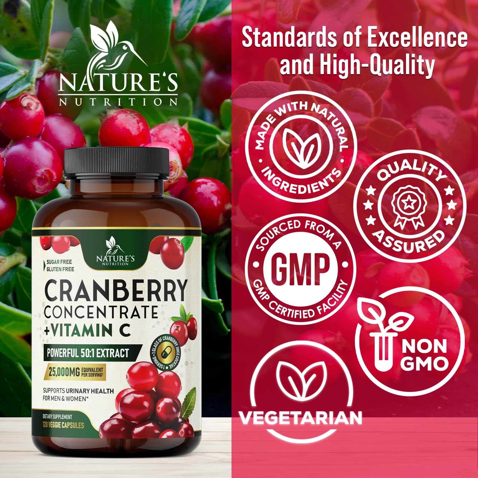 Vitamin C icon on Nature's Nutrition cranberry pills packaging suggests immune support