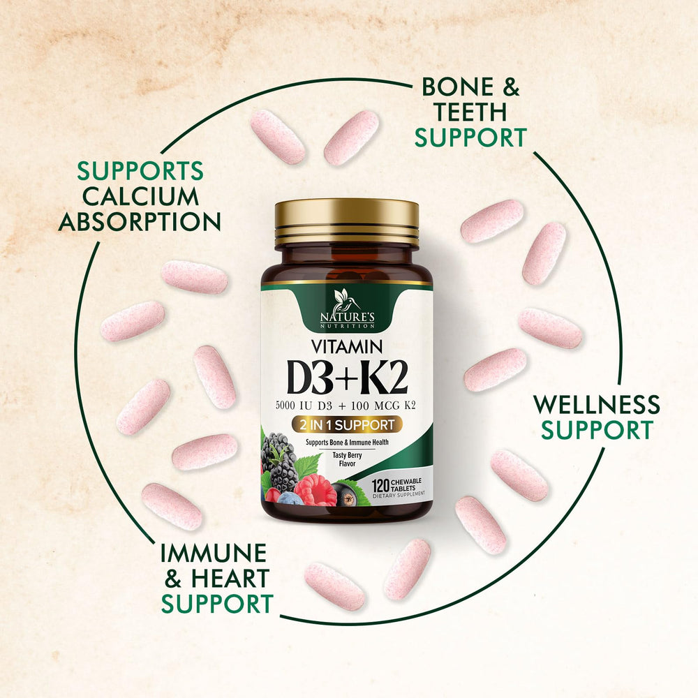 Nature's Nutrition D3 K2 synergy illustration explains calcium absorption visually.