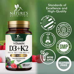 Nature's Nutrition D3 K2 non-GMO formula supports calcium delivery.