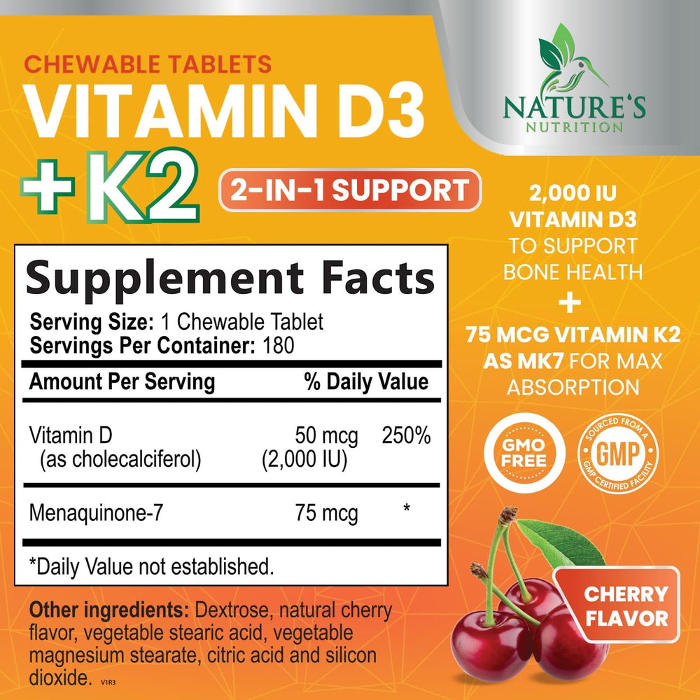 Nature's Nutrition D3 K2 tablets close-up highlighting capsule shape and dosage.