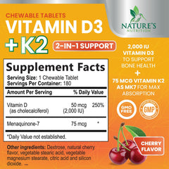 Nature's Nutrition D3 K2 tablets close-up highlighting capsule shape and dosage.