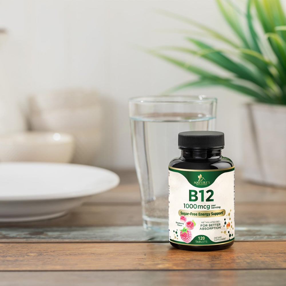 Nature's Nutrition daily B12 supplement promotes steady energy through methylcobalamin.