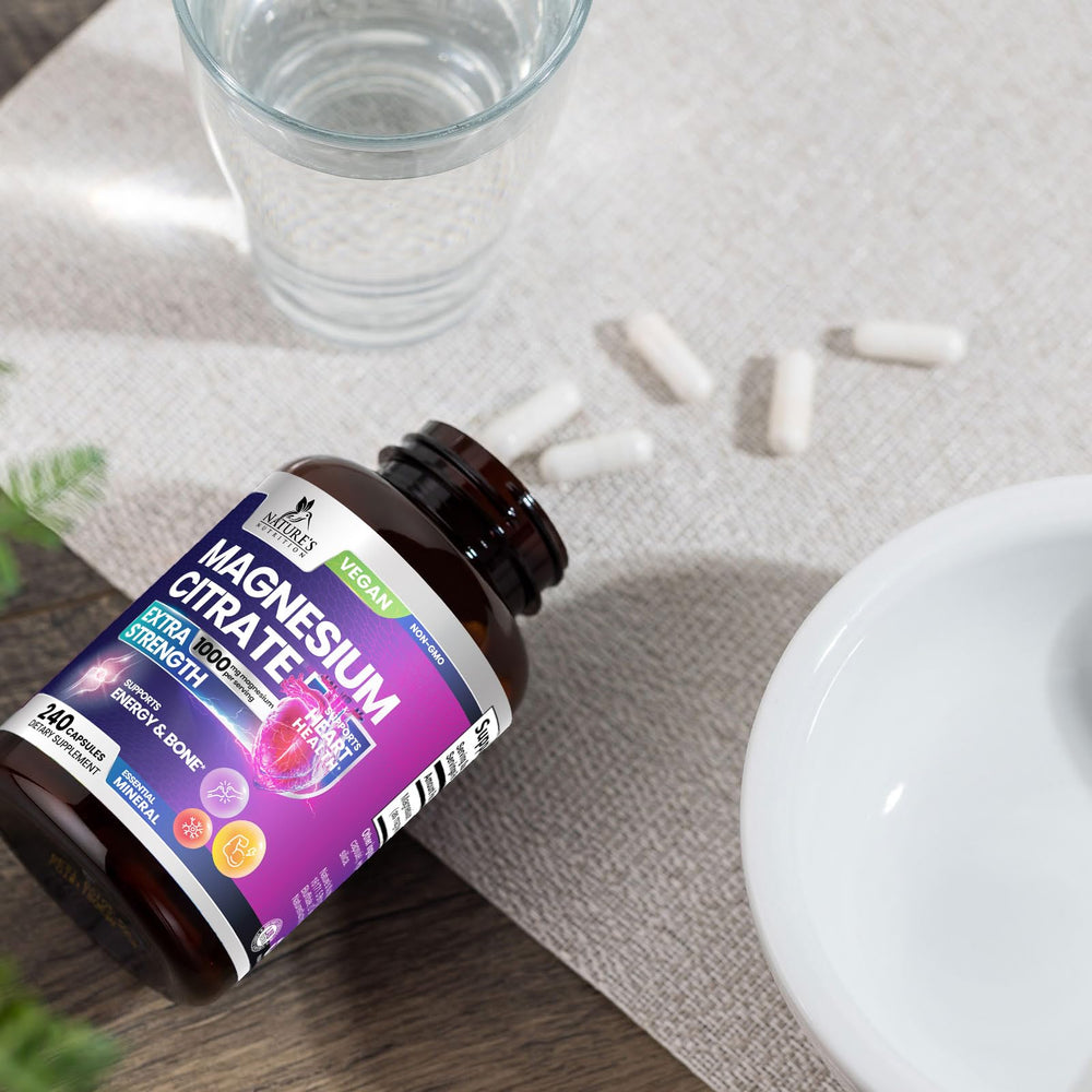Nature's Nutrition daily-use setup shows capsules alongside a glass of water for routine dosing.