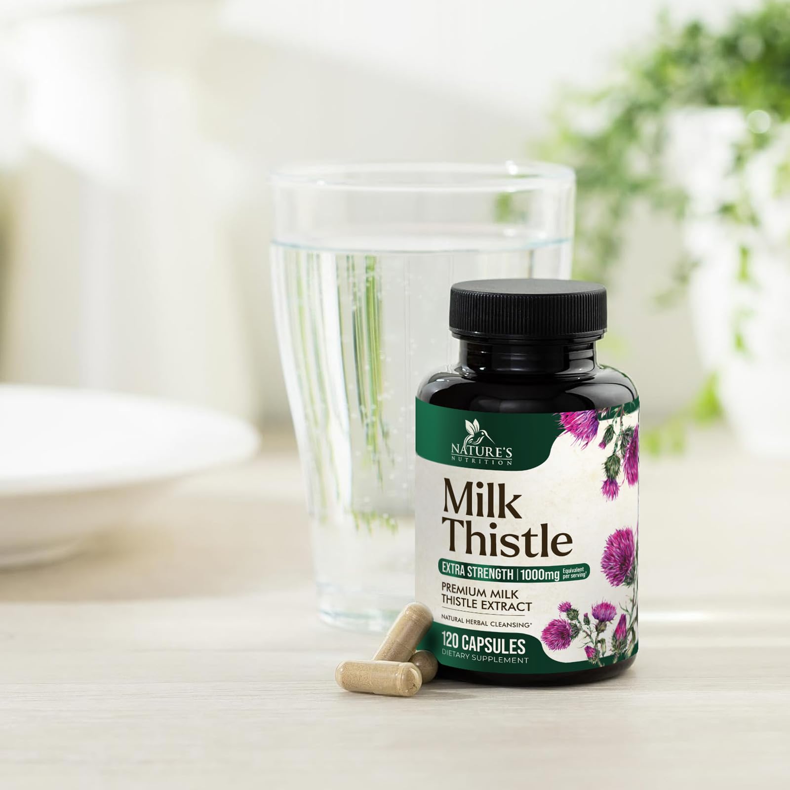 Nature's Nutrition bottle beside a glass of water for routine use.
