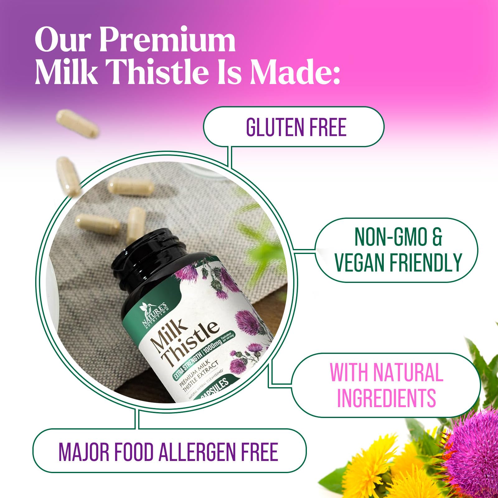 Close detail of label readability and non-GMO claim on Nature's Nutrition bottle.
