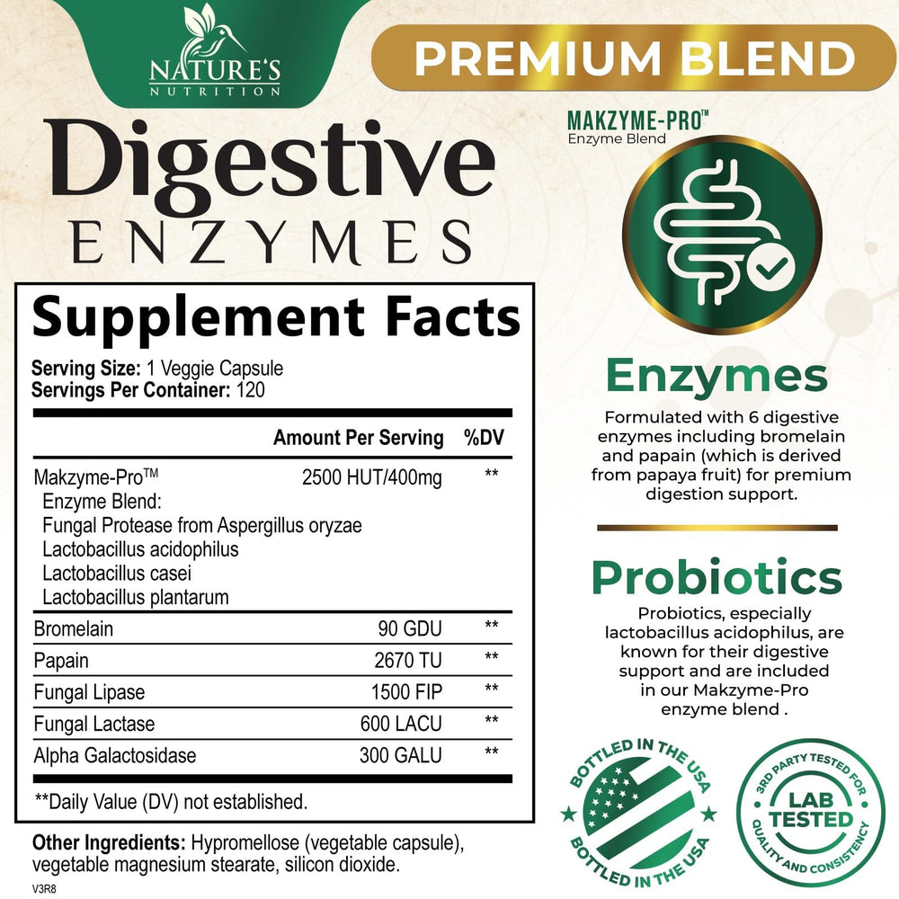 Nature's Nutrition Digestive Enzymes bottle back showing ingredients and directions