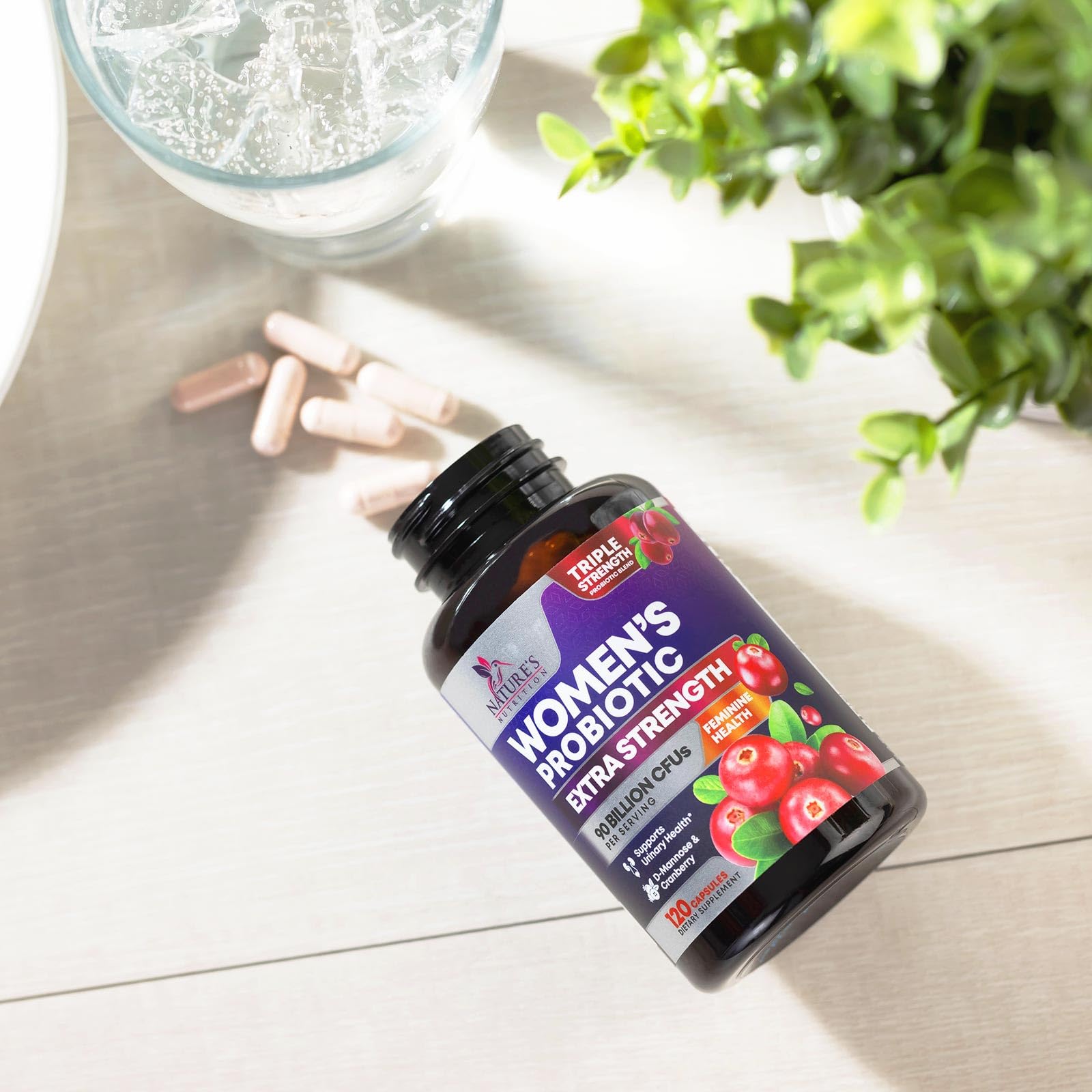 Nature's Nutrition women's probiotic with cranberry and prebiotics for overall wellness.