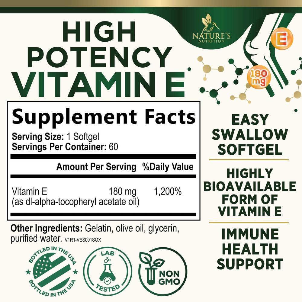 Nature's Nutrition DL-Alpha tocopherol softgels highlighting skin health and glow
