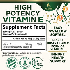 Nature's Nutrition DL-Alpha tocopherol softgels highlighting skin health and glow