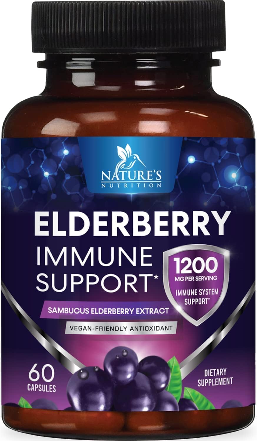 Nature's Nutrition elderberry bottle front showing 60 capsules for daily immune support.