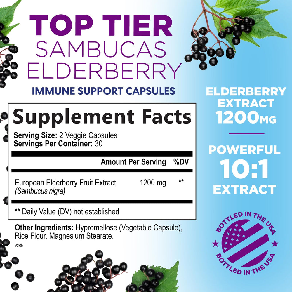 Nature's Nutrition elderberry capsules inside the bottle ready for daily use.