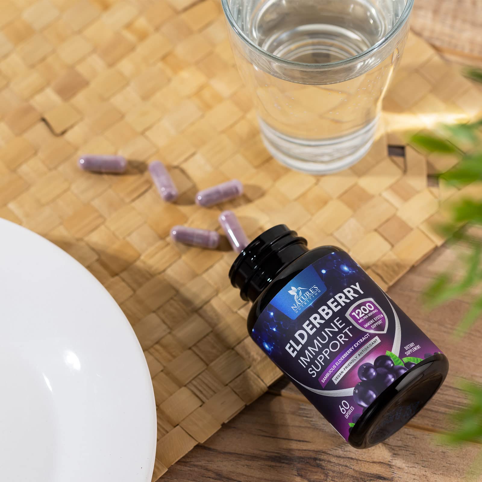 Nature's Nutrition elderberry antioxidant-rich capsules ready for everyday use.
