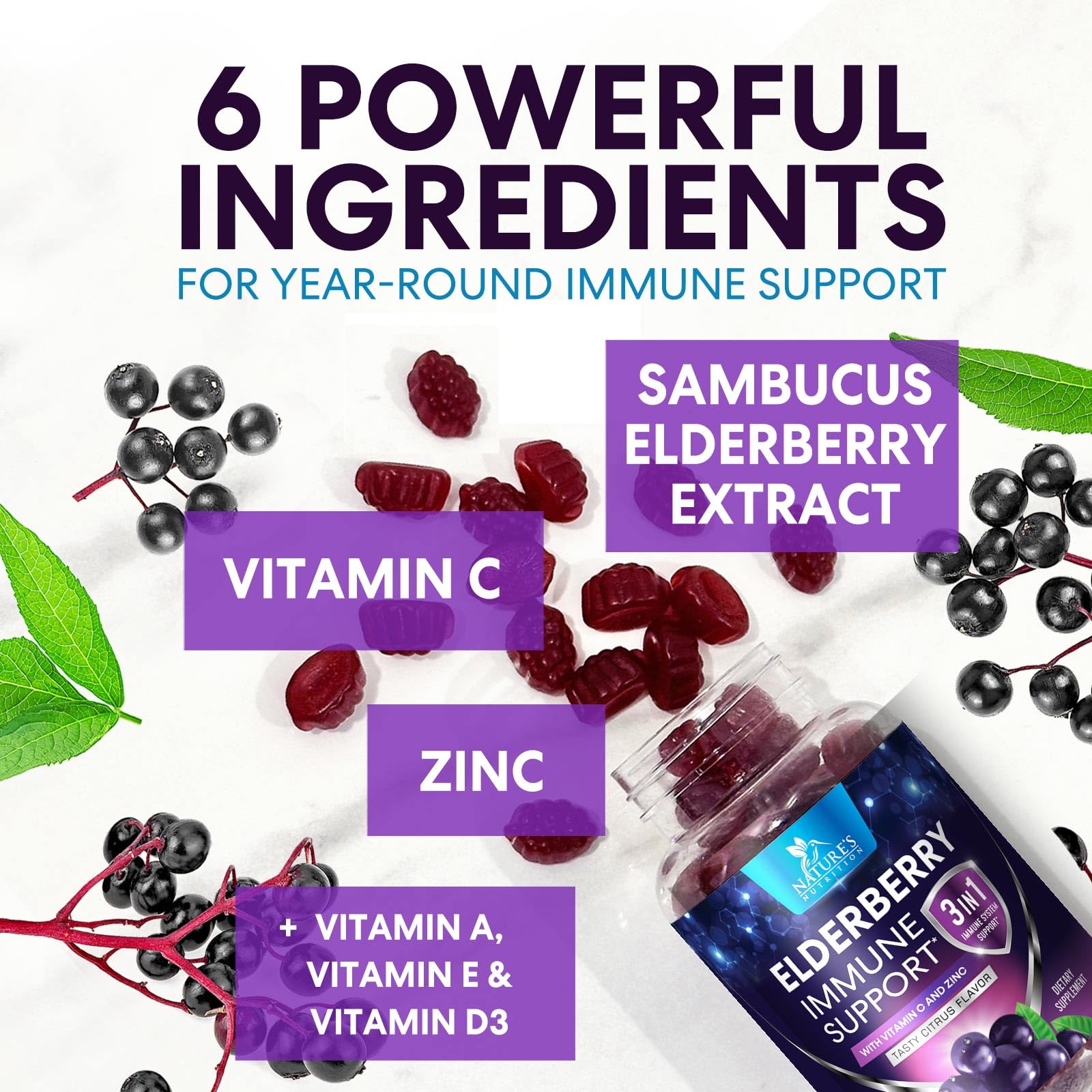 Close-up of Nature's Nutrition elderberry gummies showing chewy texture and vibrant color