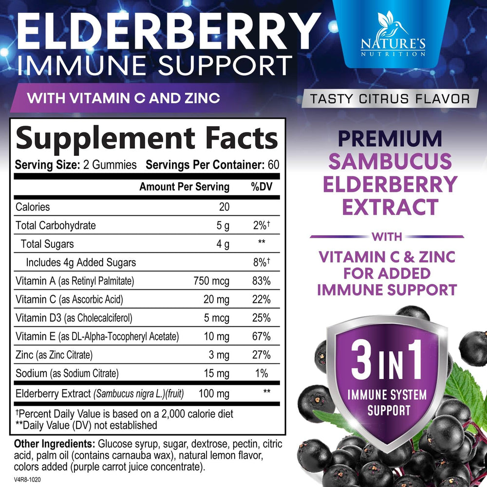 Nature's Nutrition elderberry gummies label highlighting non-GMO and gluten-free ingredients
