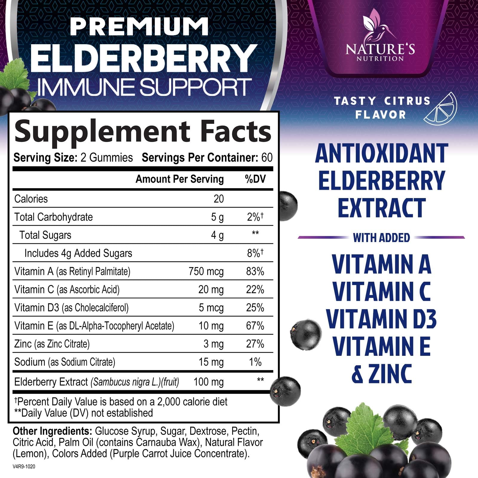 Nature's Nutrition elderberry gummy closeup highlights berry flavor and antioxidants.