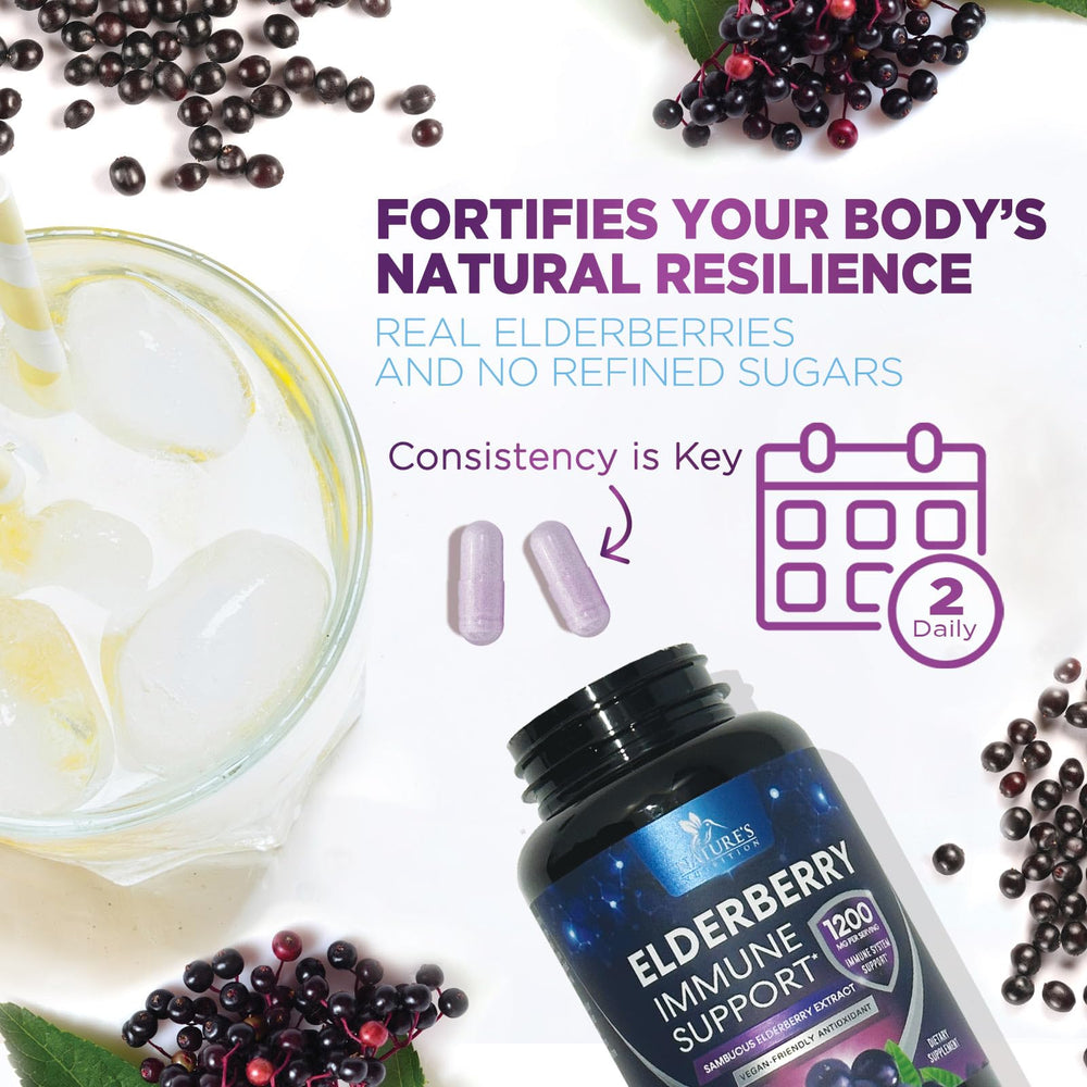 Nature's Nutrition elderberry bottle with USA-bottled badge signaling quality.