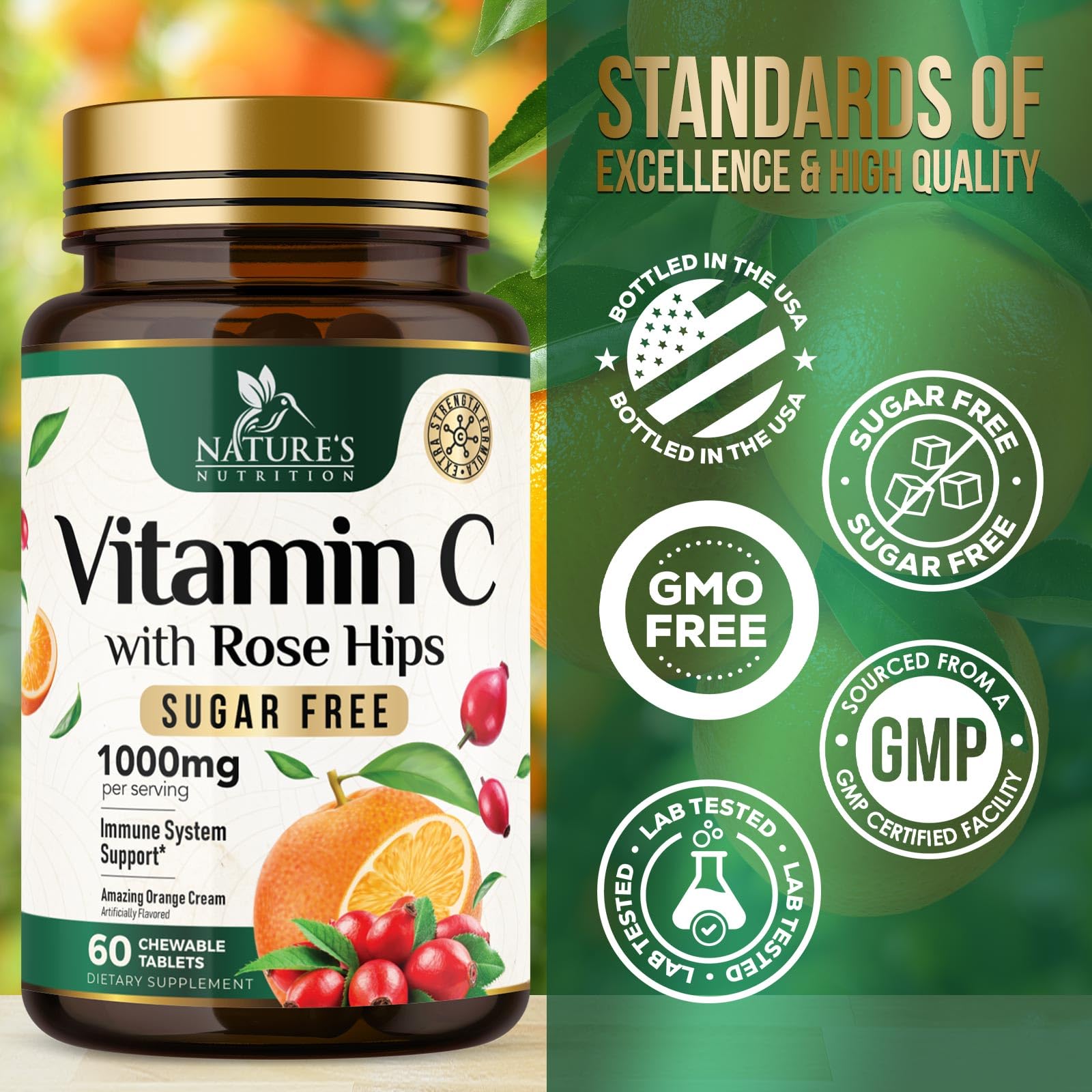 Envase de 60 tabletas Nature's Nutrition, conveniente para la rutina diaria.