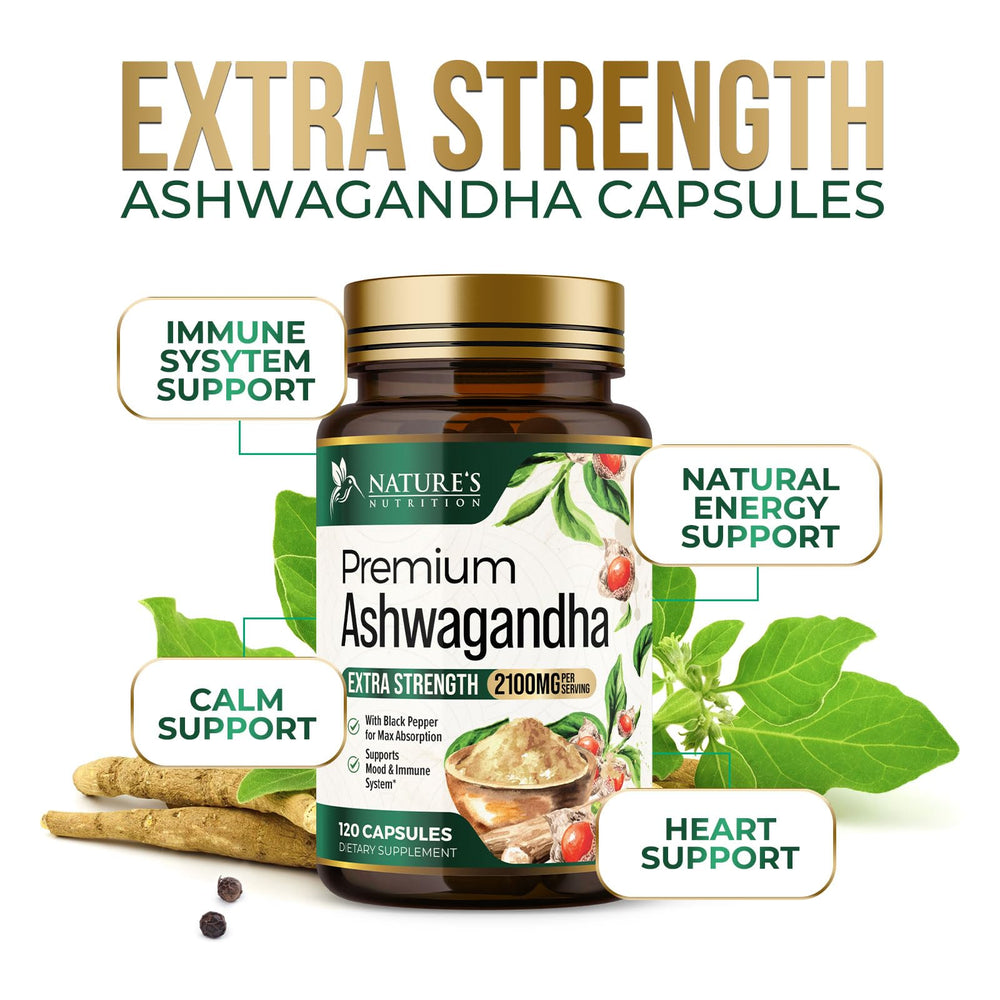 Nature's Nutrition extracto de raiz Ashwaganda en cápsulas para energía serena