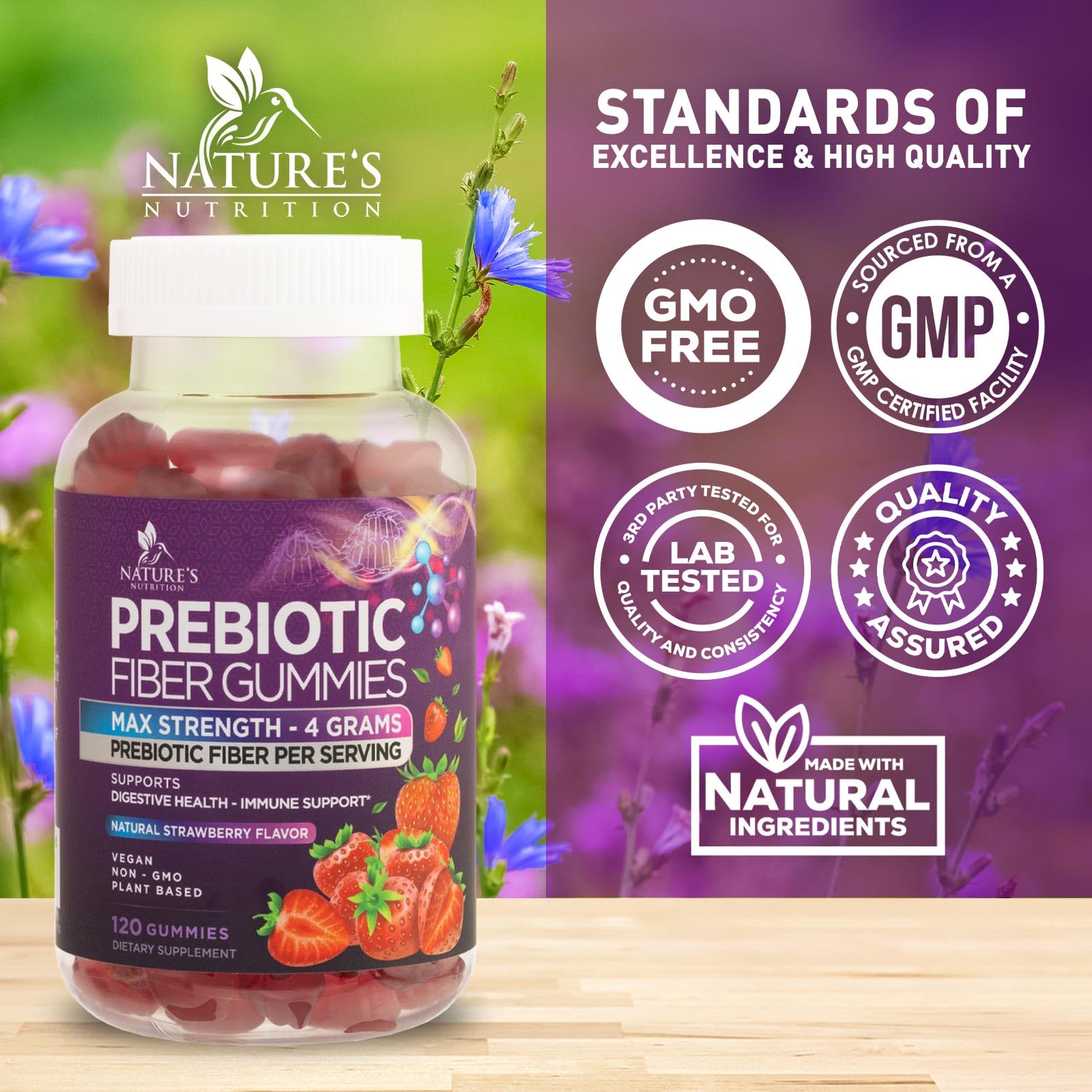 Nature's Nutrition Fiber Gummies bottle with ingredients list closeup emphasizing vegan plant-based formula