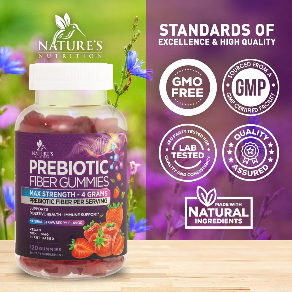 Nature's Nutrition Fiber Gummies bottle with ingredients list closeup emphasizing vegan plant-based formula