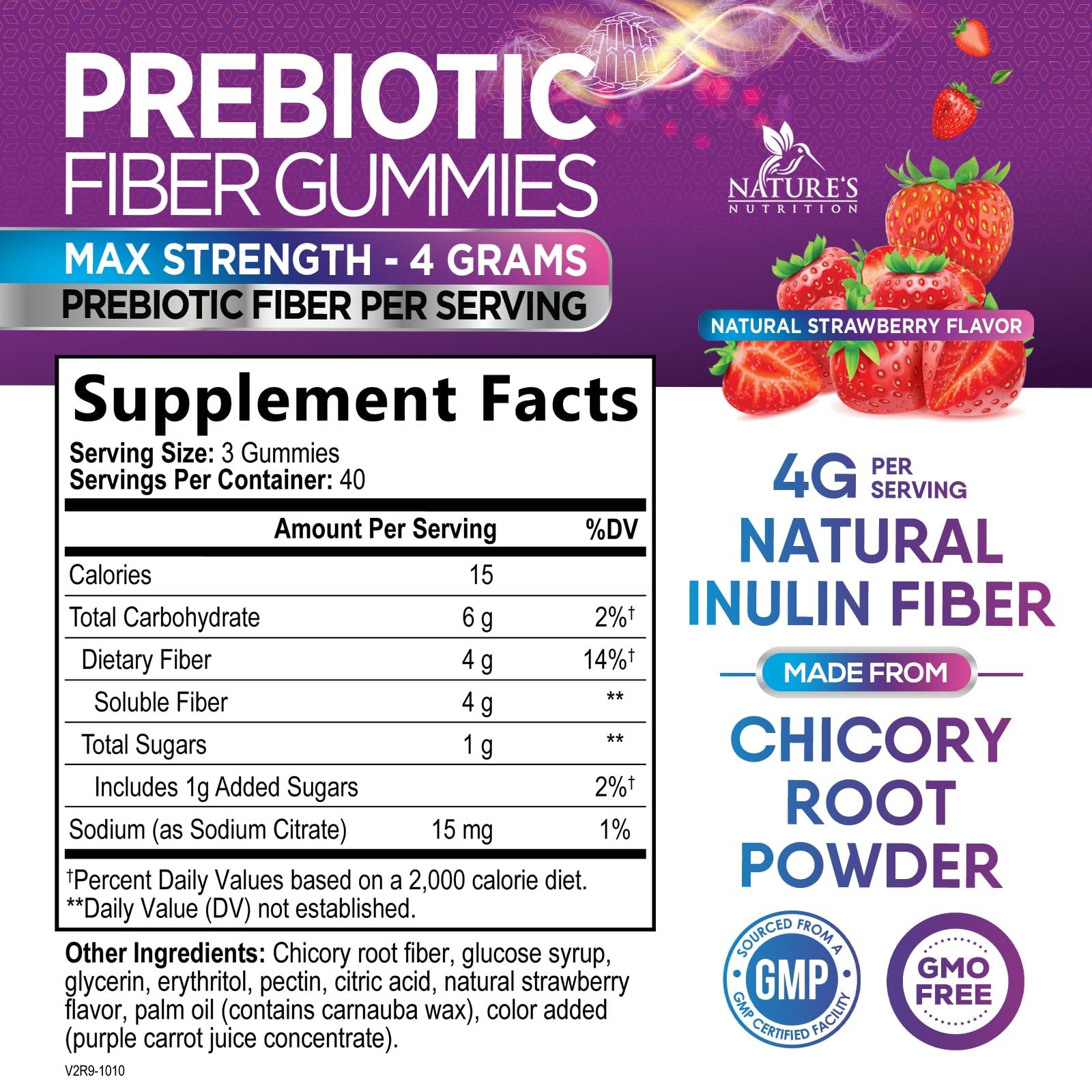 Nature's Nutrition Fiber Gummies label closeup highlighting 4 g soluble fiber per serving