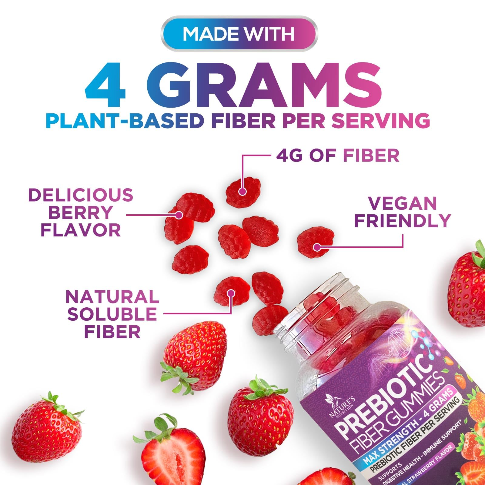 Nature's Nutrition Fiber Gummies pack shows both kids and adults usage scenario