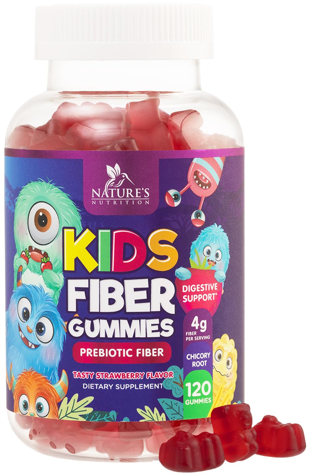 Nature's Nutrition Fiber Gummies for Kids bottle showcasing strawberry flavor for daily use