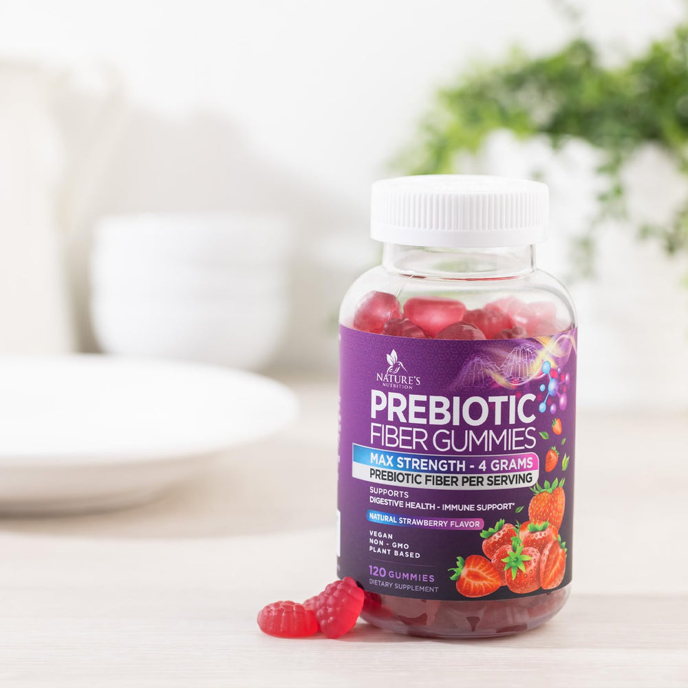 Nature's Nutrition Fiber Gummies on kitchen table demonstrating plant-based soluble fiber benefits