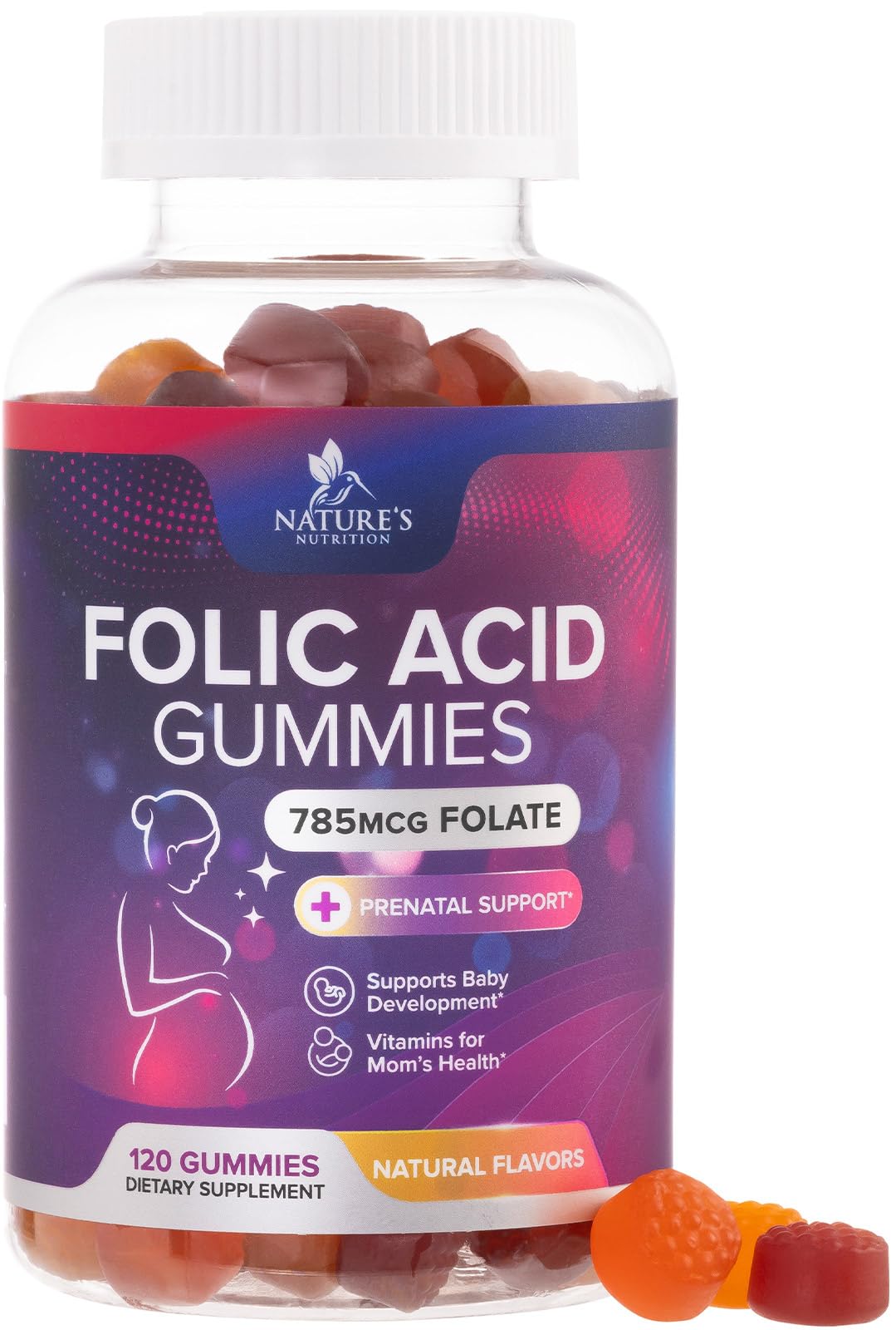 Nature's Nutrition Folic Acid Gummies bottle cherry for daily folate support.