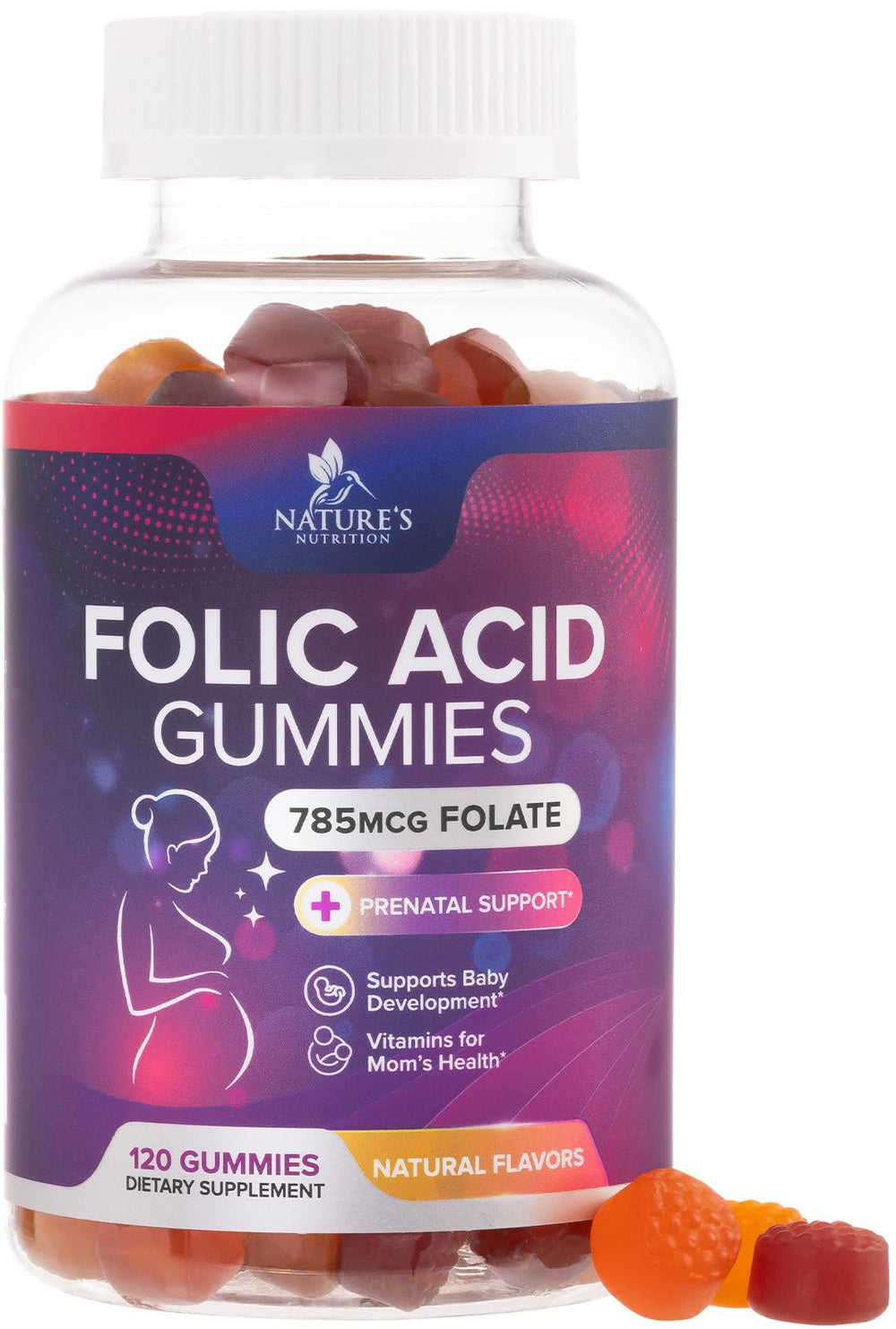Nature's Nutrition Folic Acid Gummies bottle cherry for daily folate support.