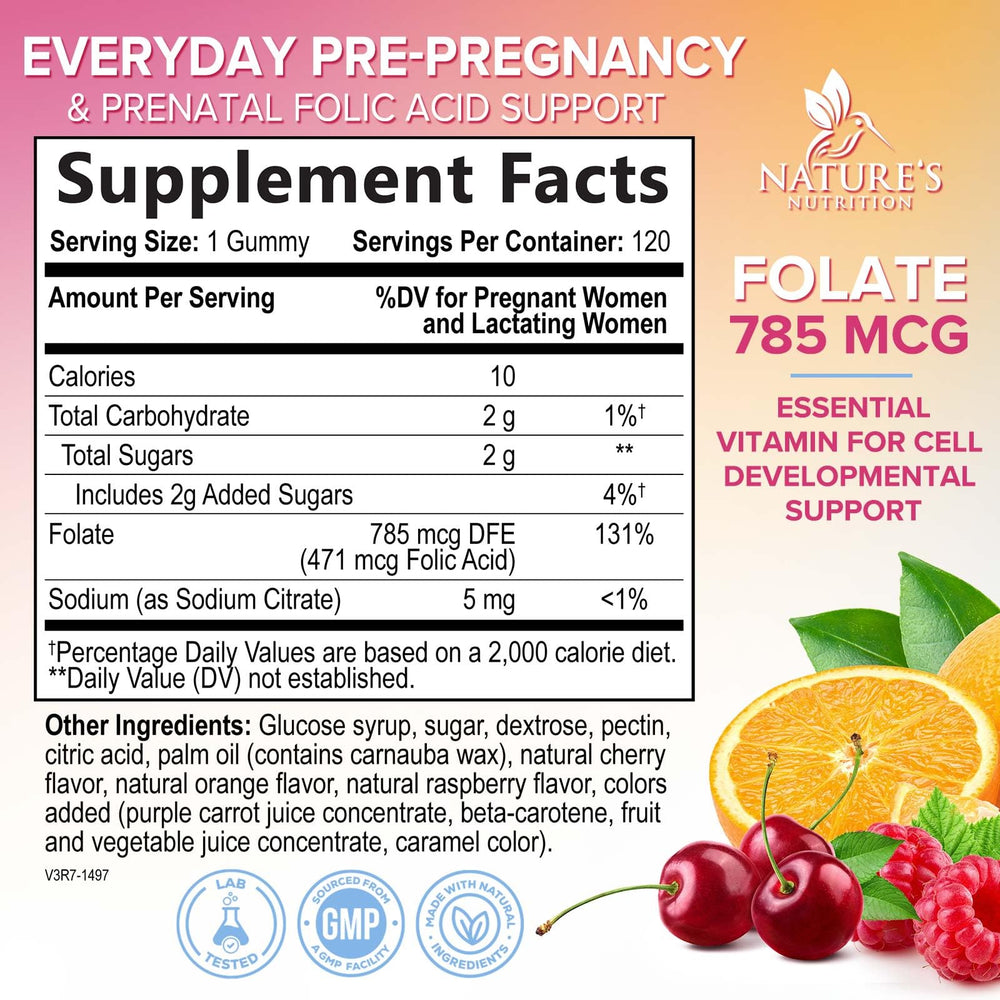 Nature's Nutrition Folic Acid Gummies bottle orange for easy folate intake.