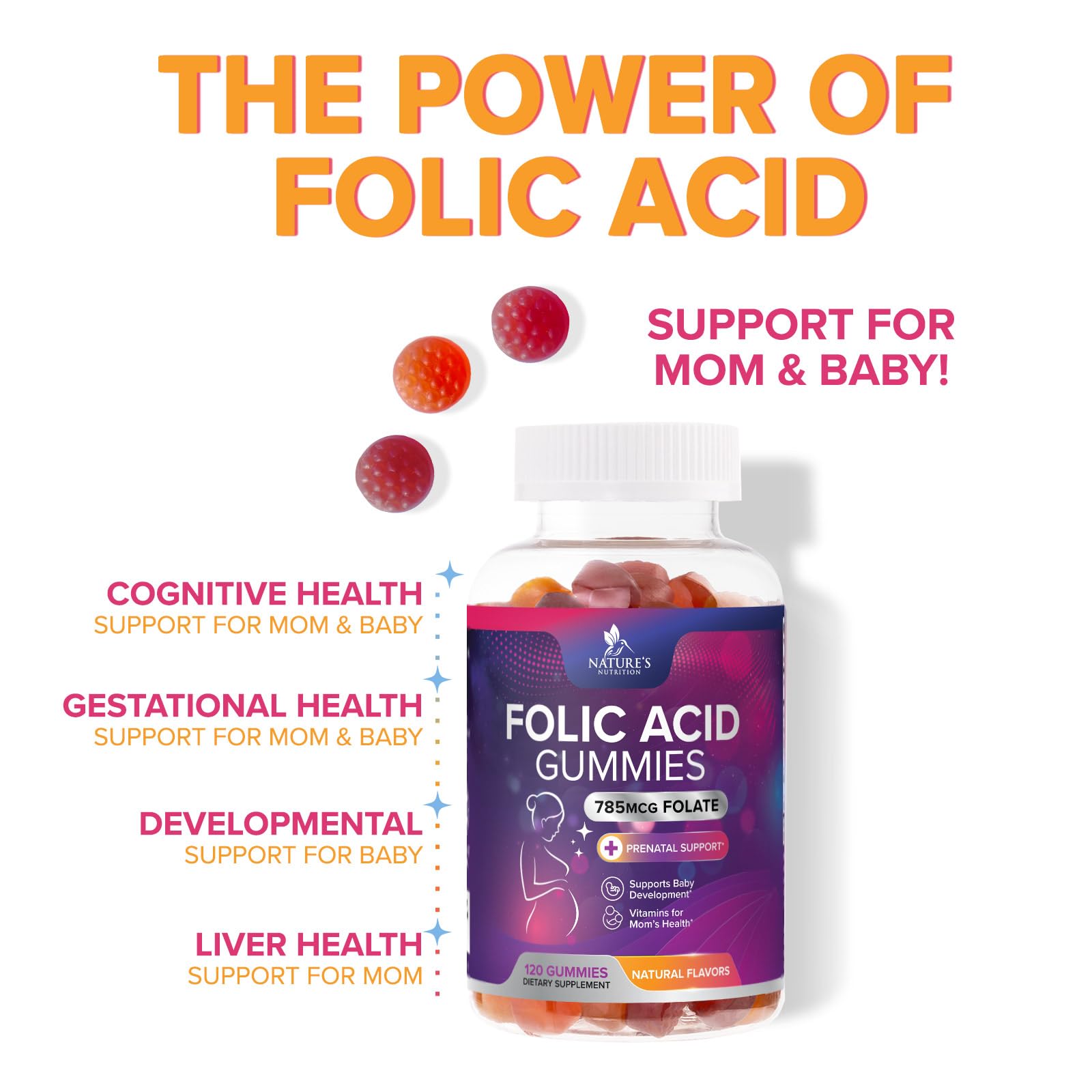 Nature's Nutrition Folic Acid Gummies bottle spill shows convenient daily dosing.