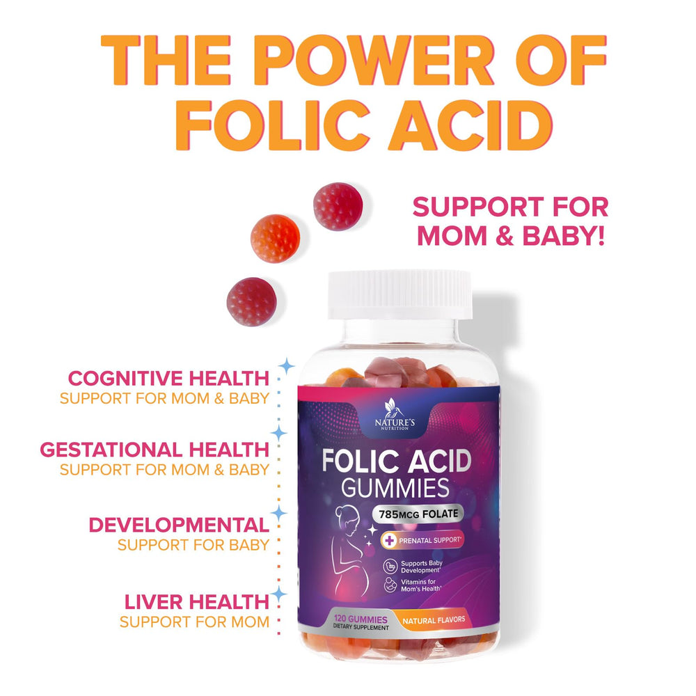 Nature's Nutrition Folic Acid Gummies bottle spill shows convenient daily dosing.