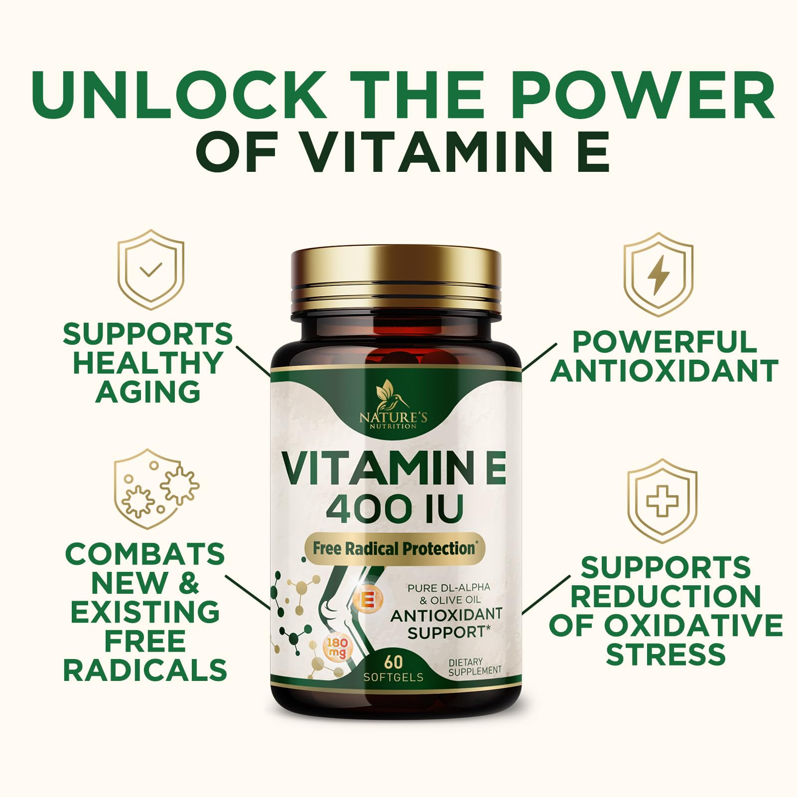 Nature's Nutrition DL-Alpha softgels focusing on skin radiance and nourishment