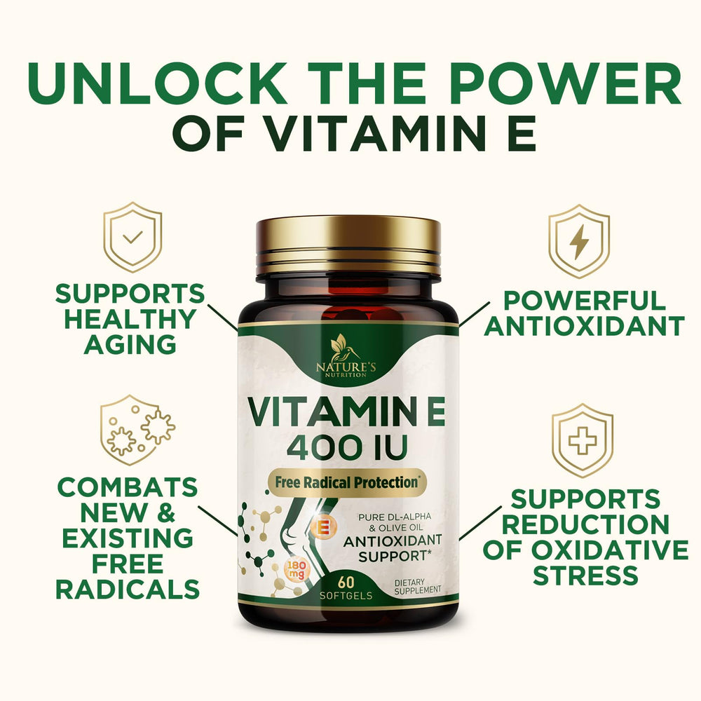 Nature's Nutrition DL-Alpha softgels focusing on skin radiance and nourishment