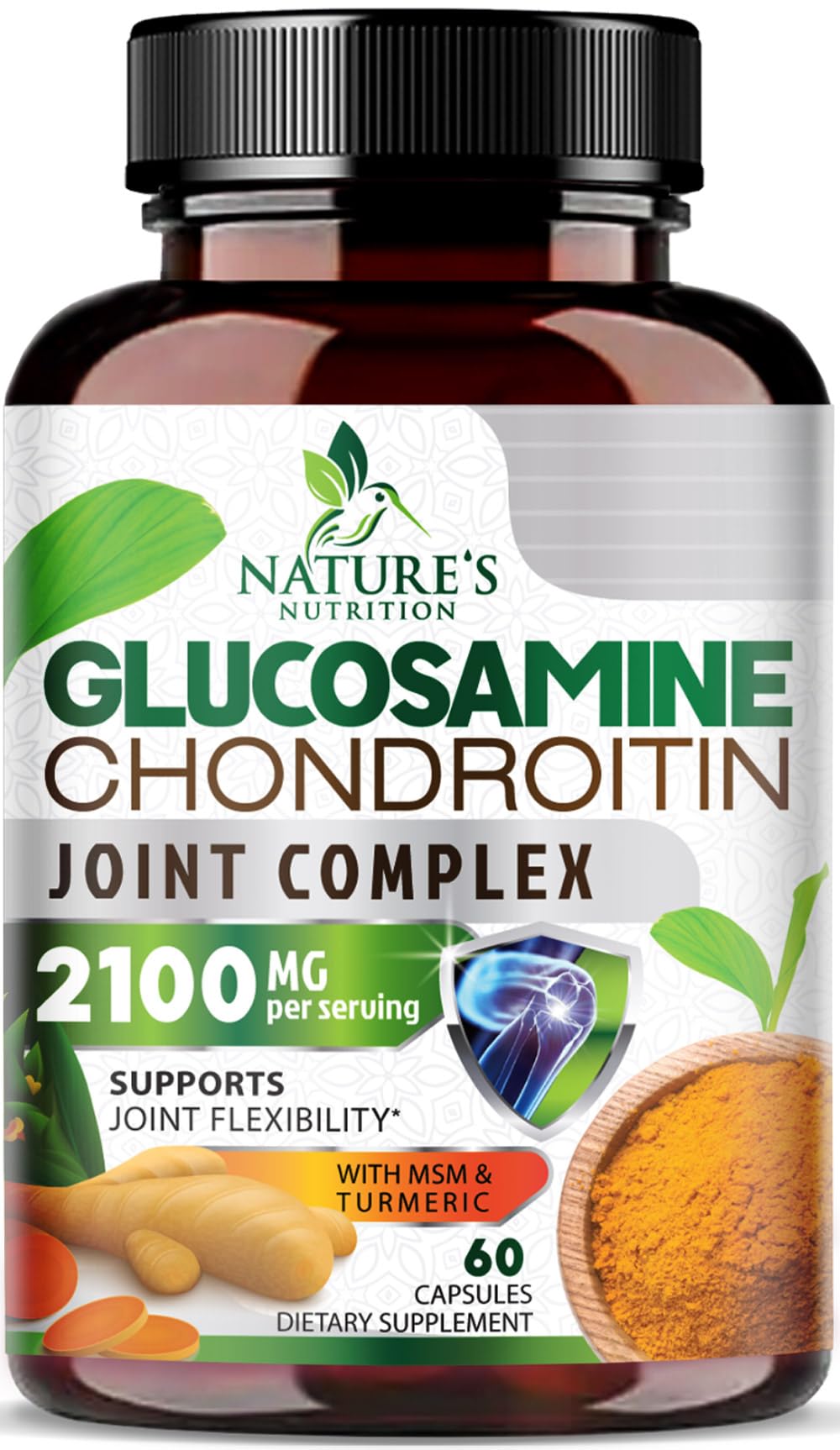 Nature's Nutrition Glucosamina Condroitina MSM 2100mg: botella con cápsulas para movilidad diaria.