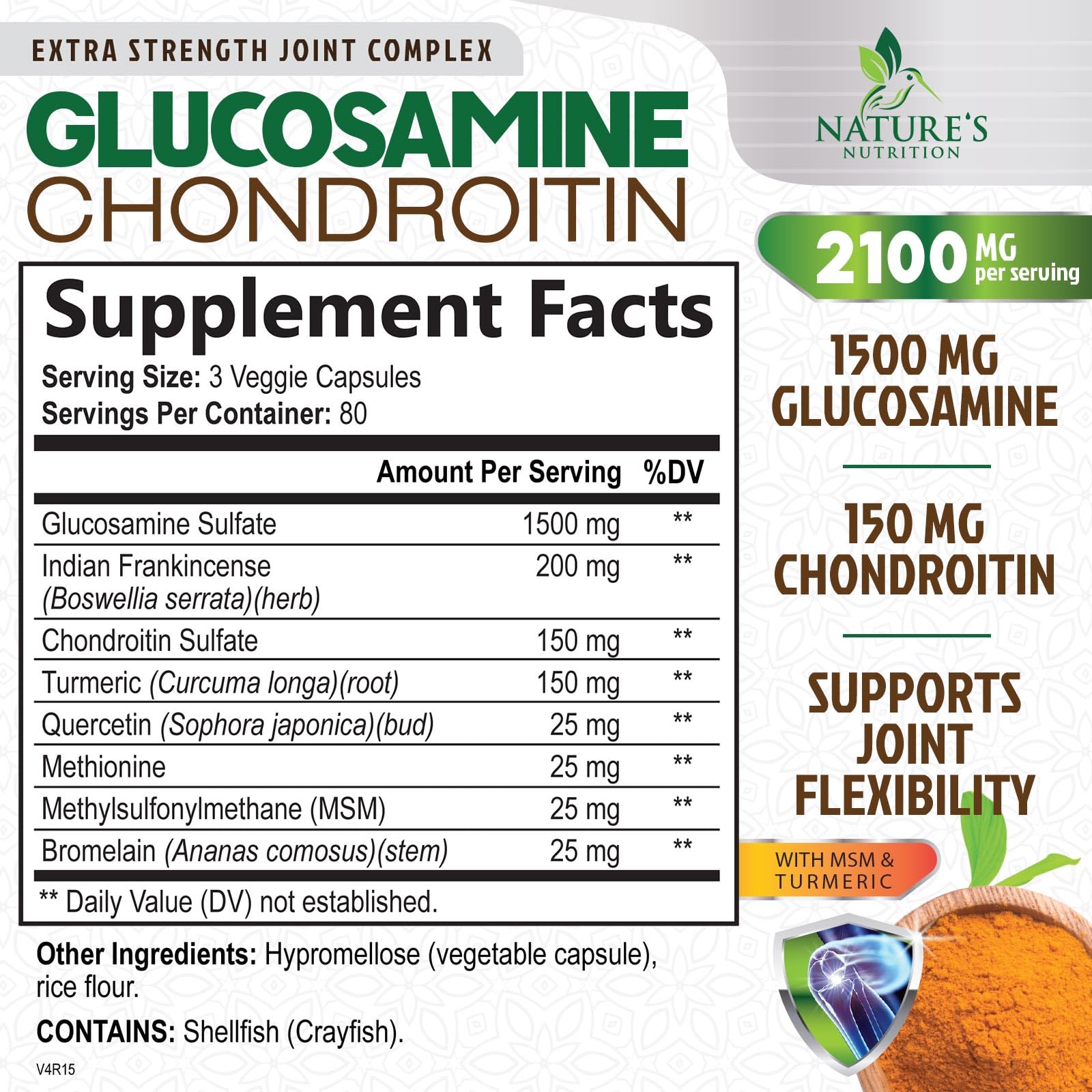 Nature's Nutrition Glucosamine Chondroitin MSM 2100mg bottle back with label details.