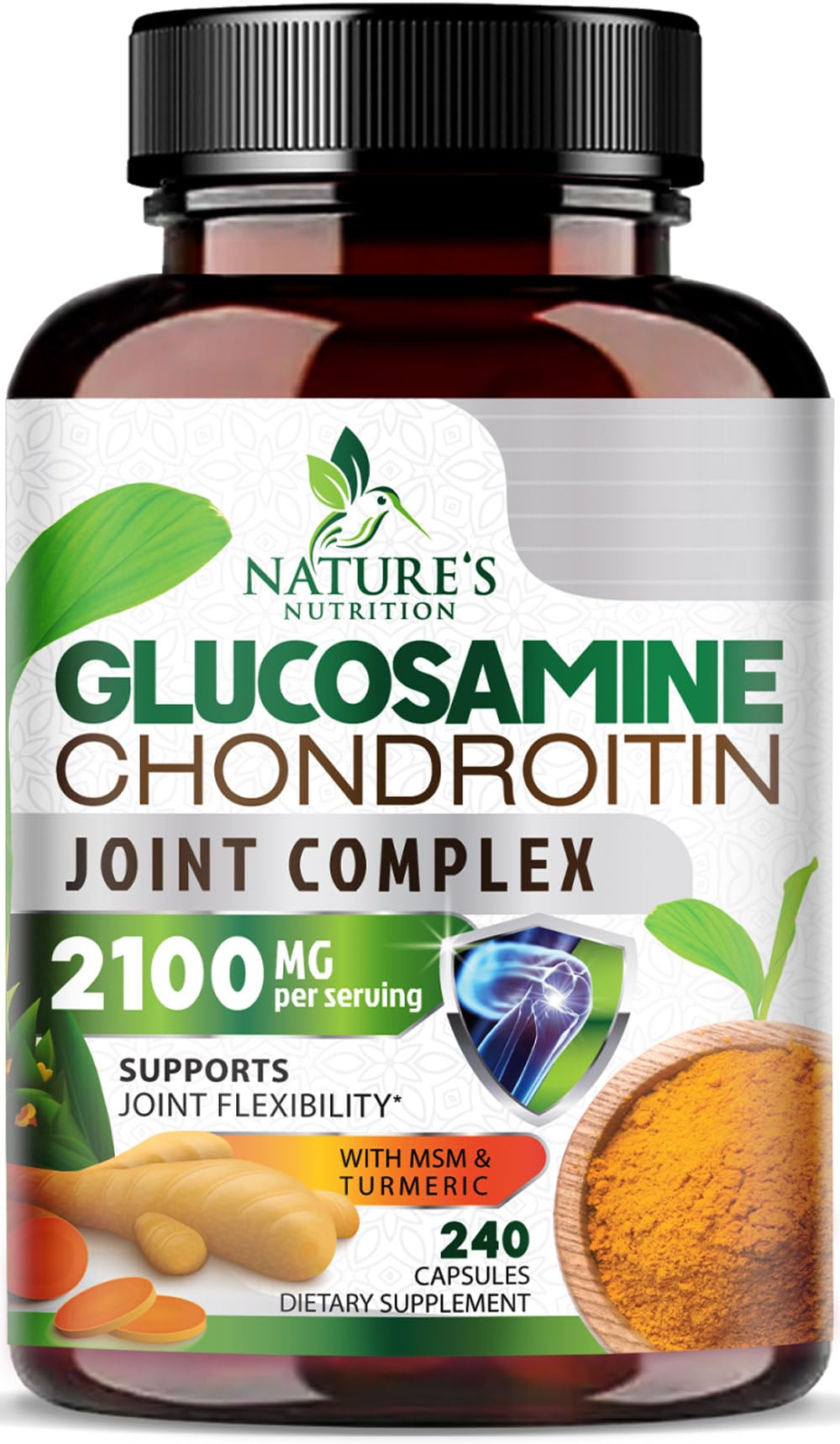 Nature's Nutrition Glucosamine Chondroitin MSM 2100mg bottle front for joint support on the go.