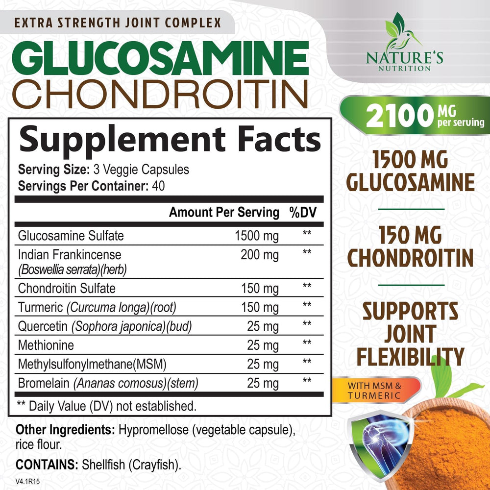 Nature's Nutrition glucosamine chondroitin msm capsules ready for daily use.