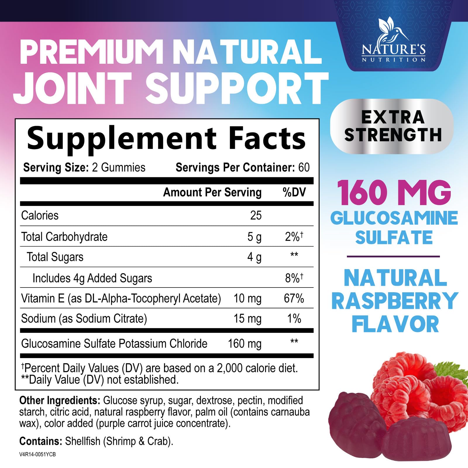 Nature's Nutrition glucosamine-vitamin-e gummies close-up highlighting key ingredients.
