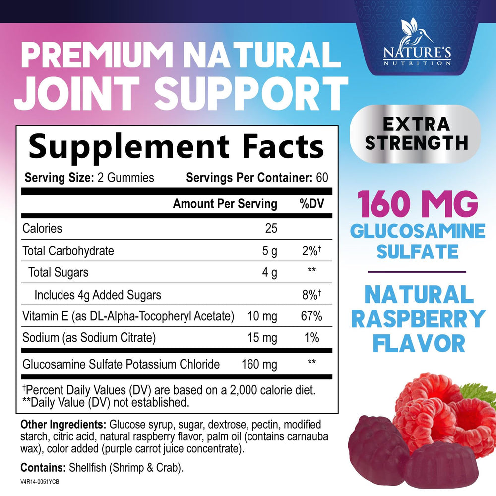 Nature's Nutrition glucosamine-vitamin-e gummies close-up highlighting key ingredients.