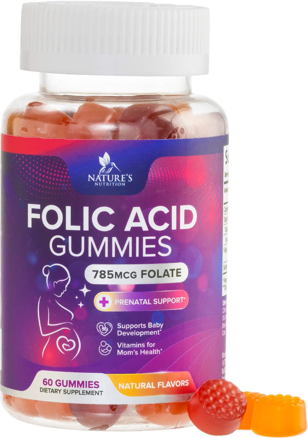 Nature's Nutrition gominolas ácido fólico 785 mcg, botella frontal para uso diario.