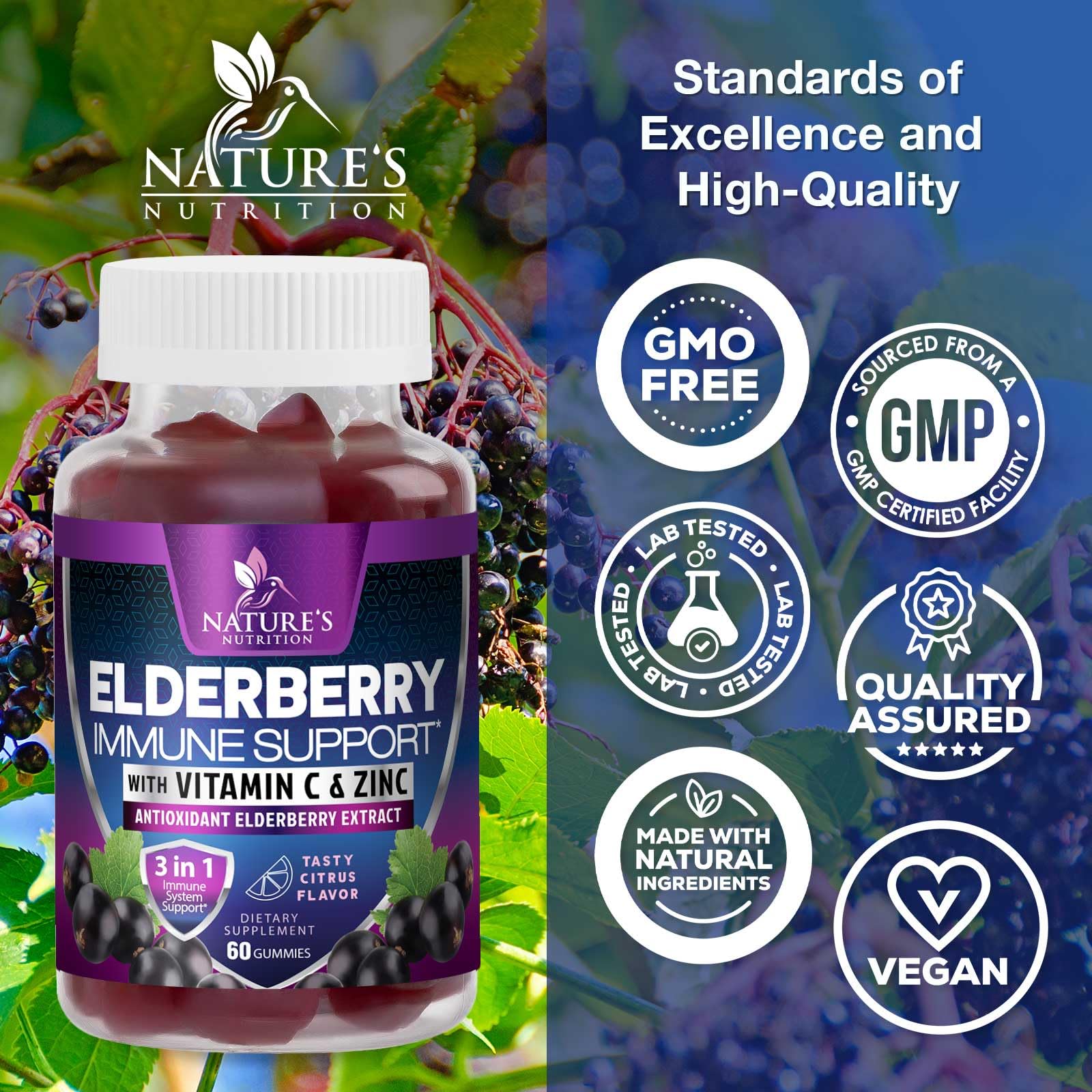 Gominolas de saúco Nature's Nutrition con zinc y vitamina C, nutrientes clave para el día a día.