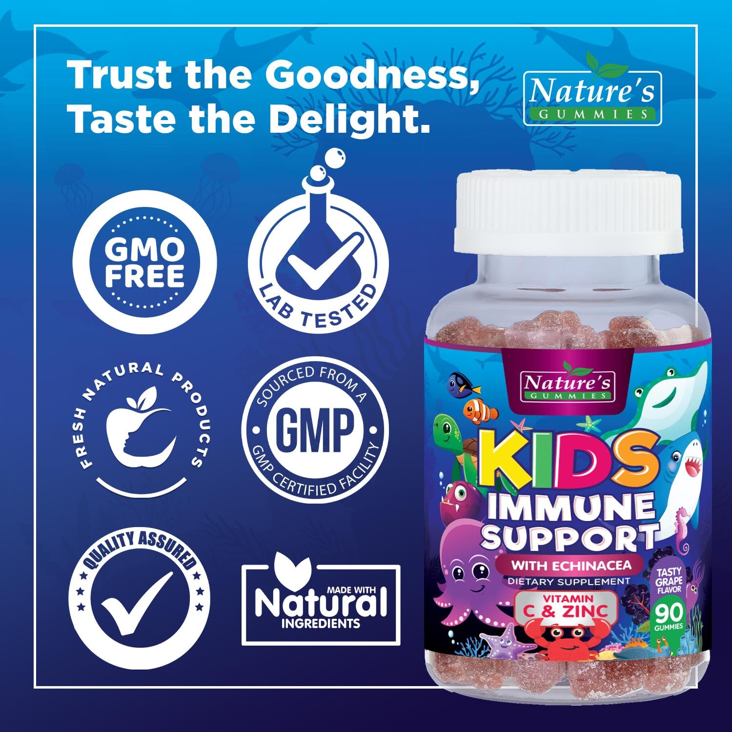 Nature's Nutrition gomitas inmunidad para niños, envase abierto mostrando la cantidad.