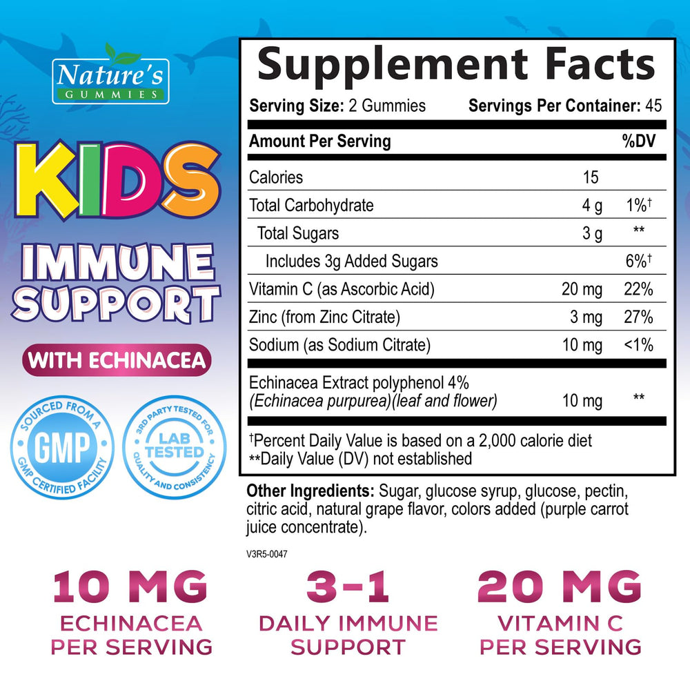 Nature's Nutrition gomitas inmunidad para niños, etiqueta de sabor frambuesa atractiva.