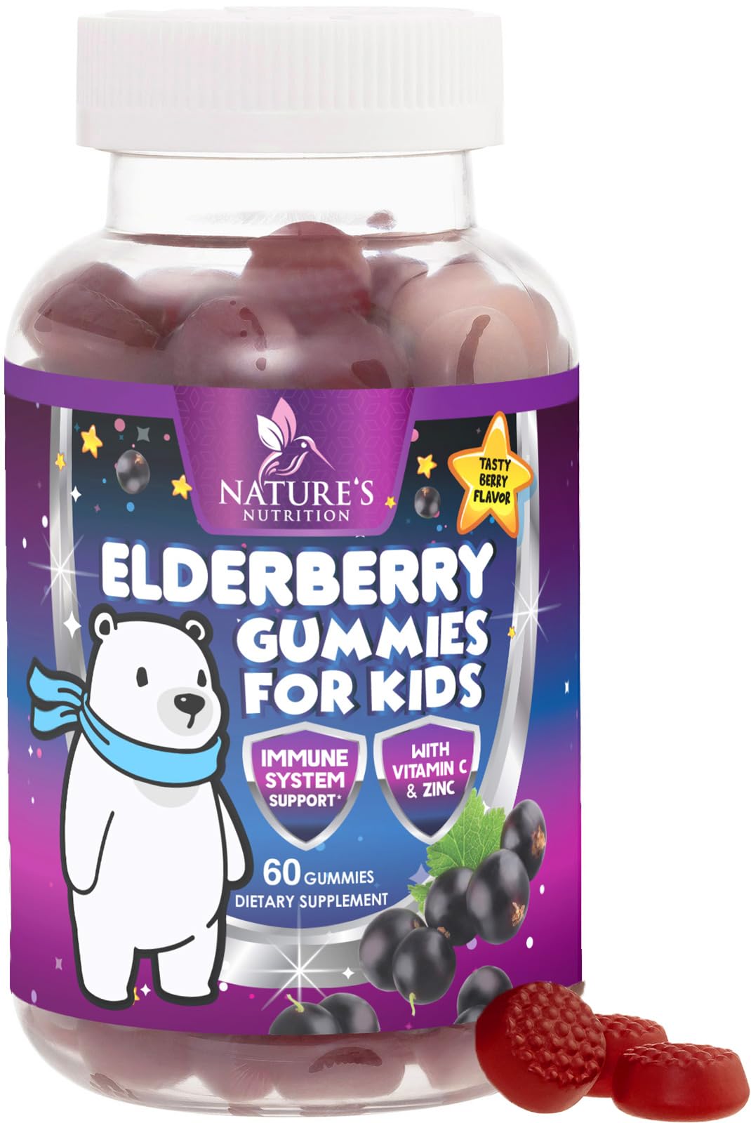 Nature's Nutrition gomitas de inmunidad para niños con sauco en envase práctico.